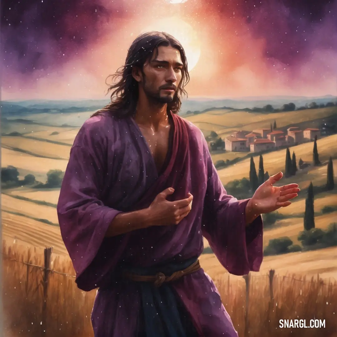 Painting of jesus in a purple robe with his hands out in front of him and a full moon in the background. Example of RGB 105,41,90 color.