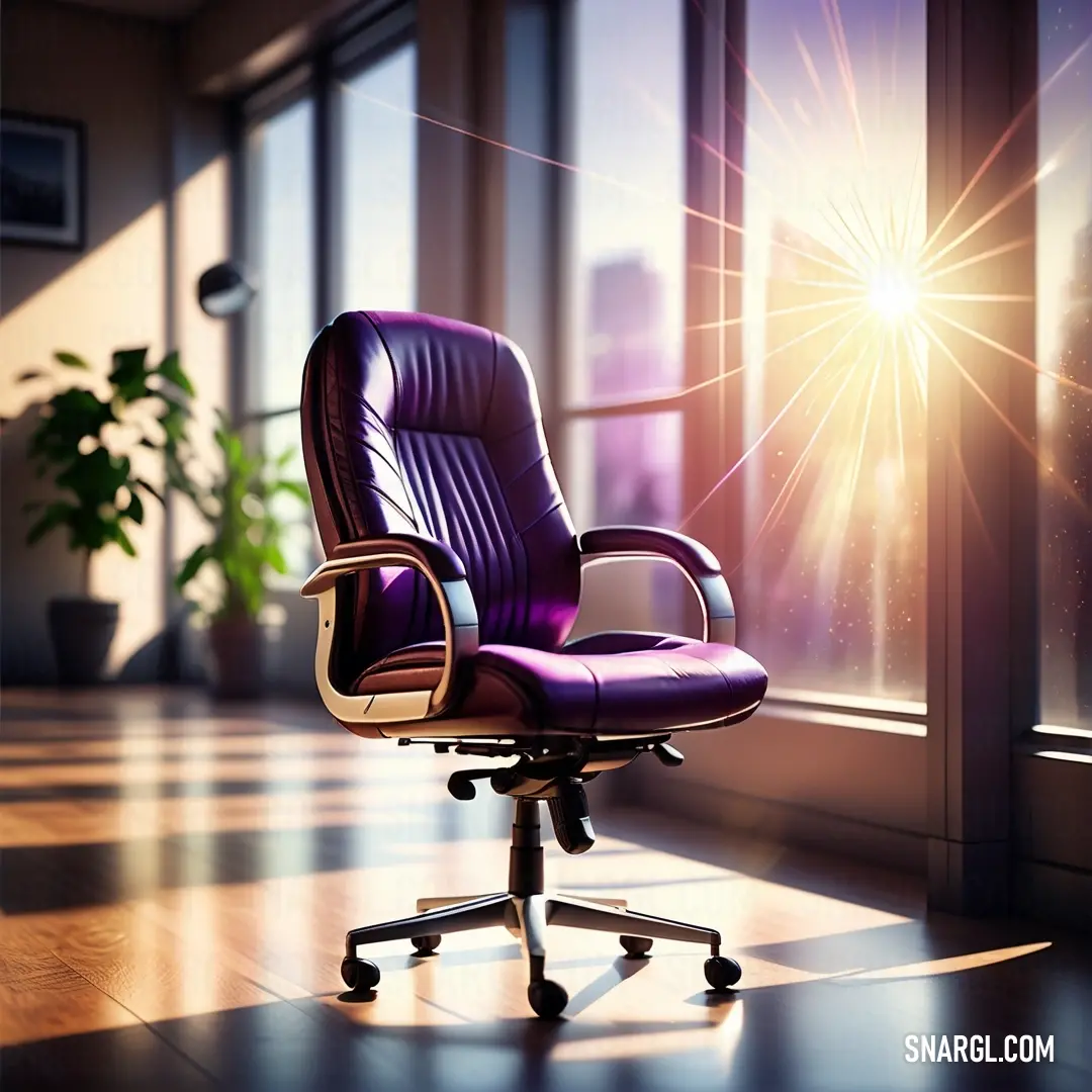 Purple office chair in front of a window with the sun shining through it's windowsill. Example of PANTONE 7652 color.