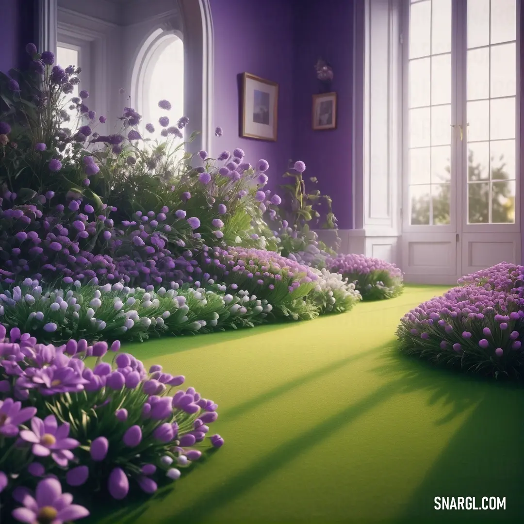 Room with a green carpet and purple flowers on the floor and a mirror on the wall and a window. Example of RGB 172,130,162 color.