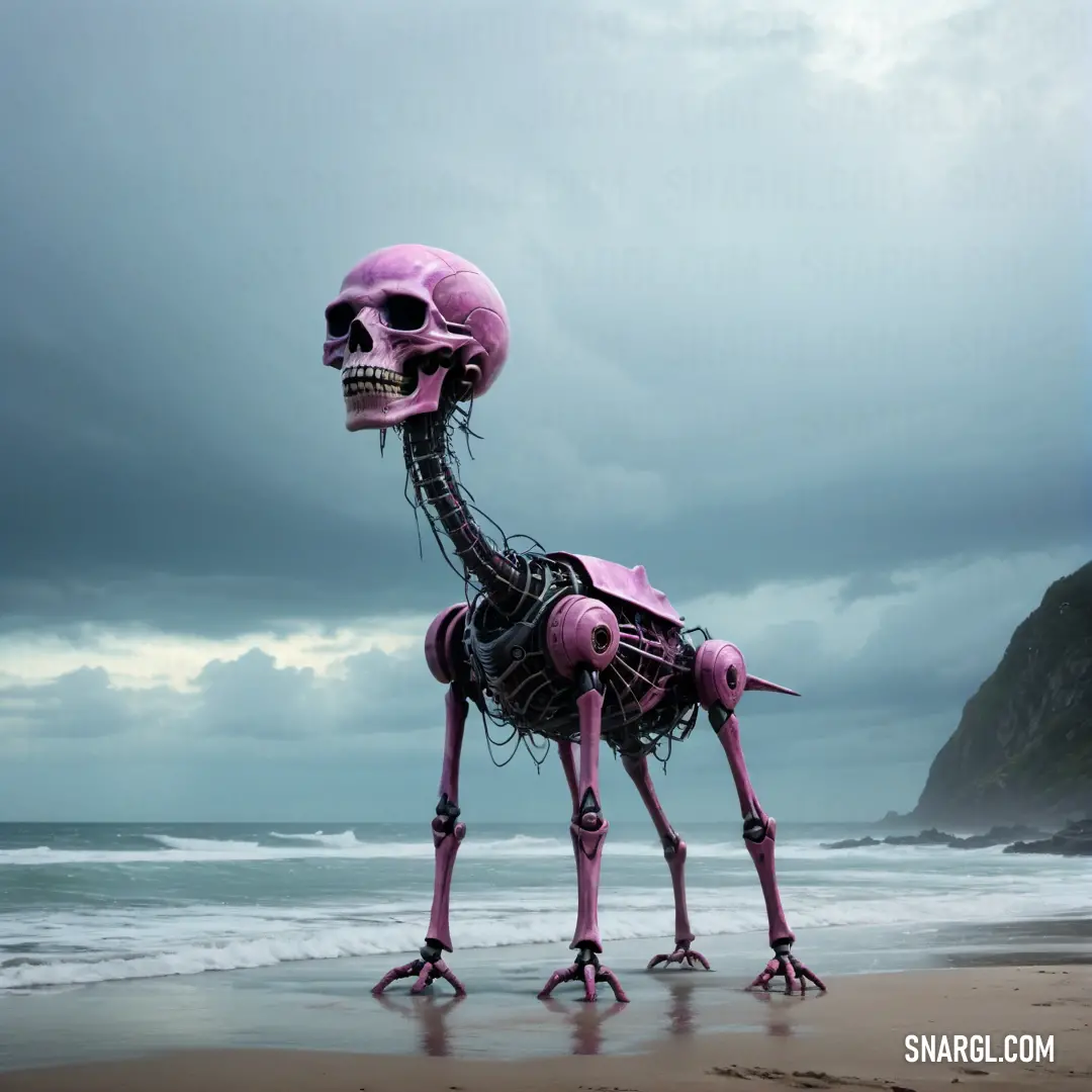 Skeleton standing on a beach next to the ocean with a sky background. Example of RGB 172,102,159 color.