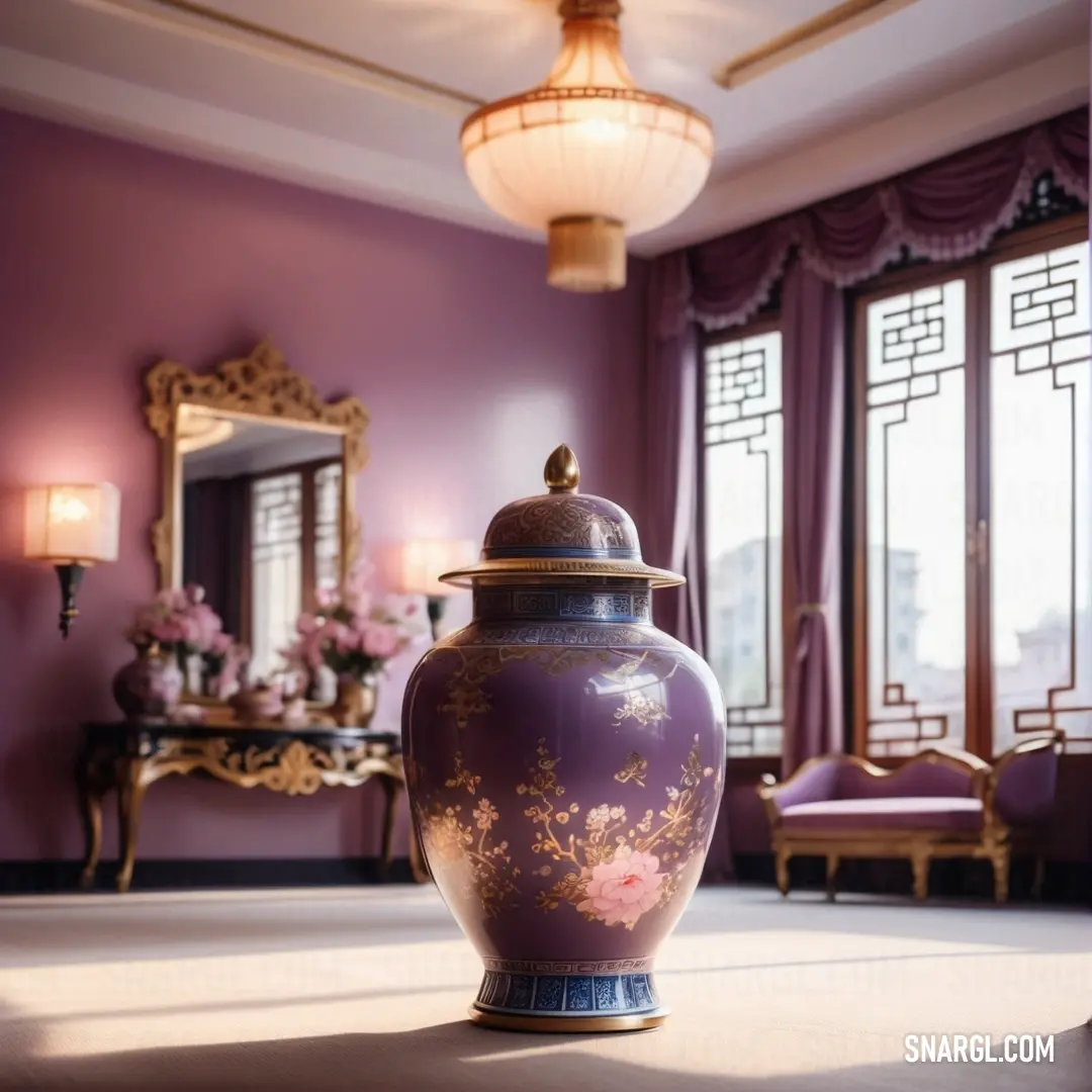 Vase on the floor in a room with a mirror and a chandelier above it and a mirror on the wall. Color #AC669F.