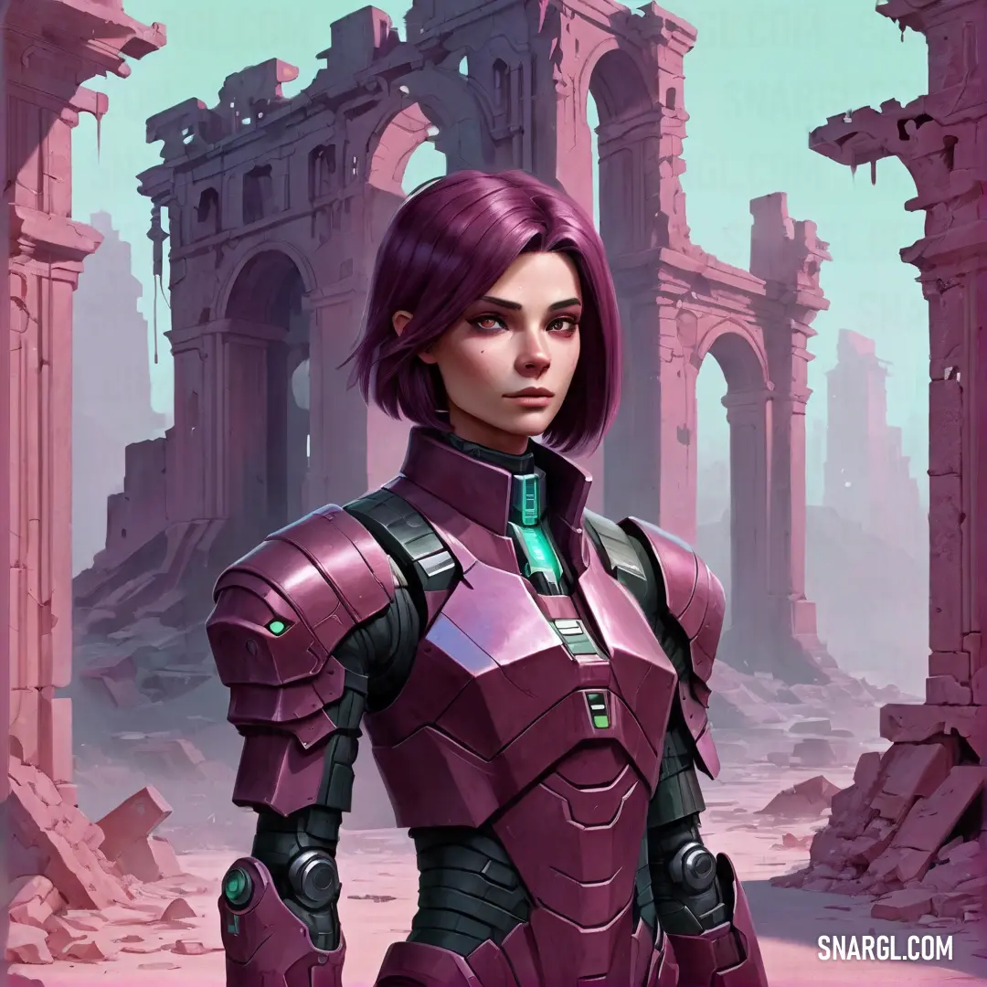 Woman in a futuristic suit standing in front of ruins and ruins with a green light on her face. Color CMYK 33,72,0,0.