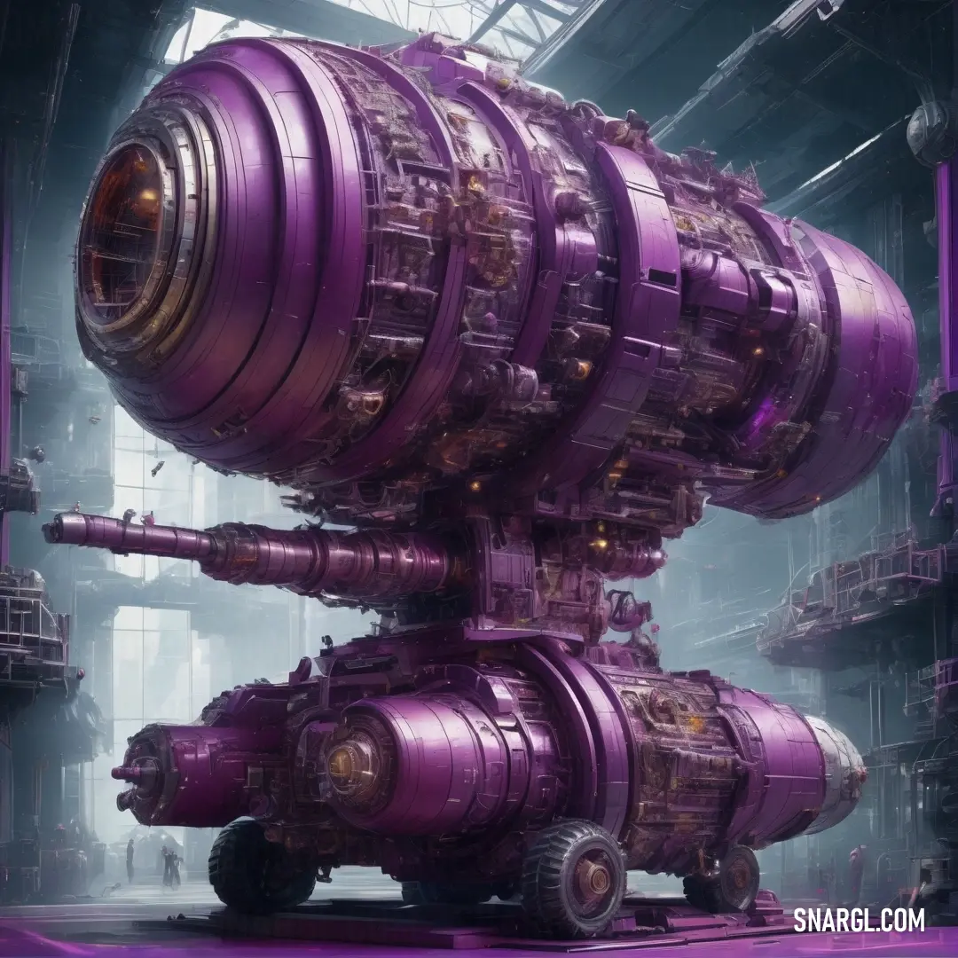 Large purple machine with a large wheel on it's side in a factory area with other machinery. Color CMYK 45,90,0,4.