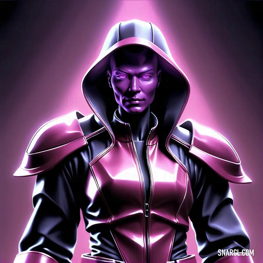 Man in a hooded jacket with a hoodie on and a pink background. Example of #943C84 color.