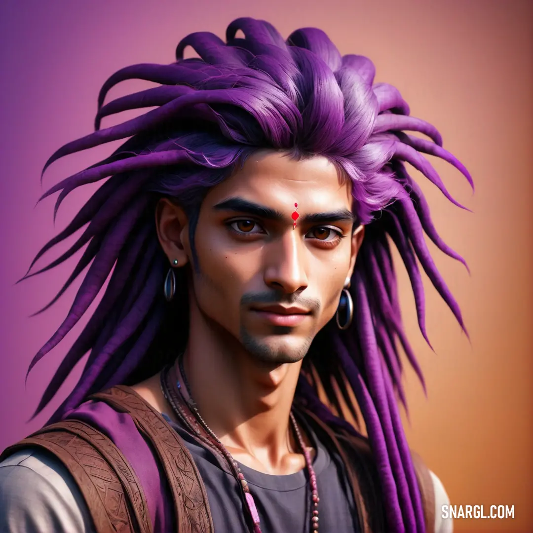 Man with purple hair and a necklace on his neck and earrings on his head. Color RGB 148,60,132.