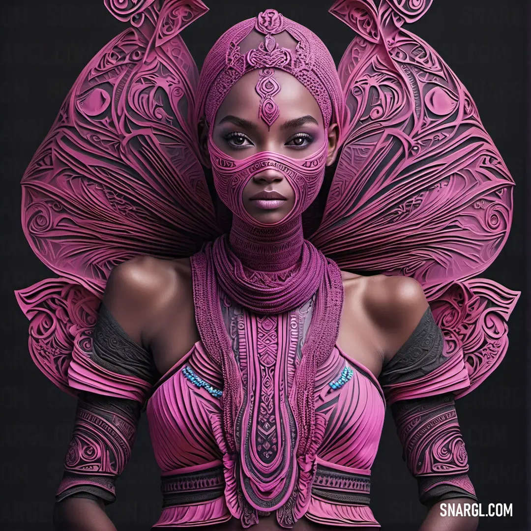 Woman with a pink outfit and a large butterfly wings on her head and chest, with a black background. Color PANTONE 7656.