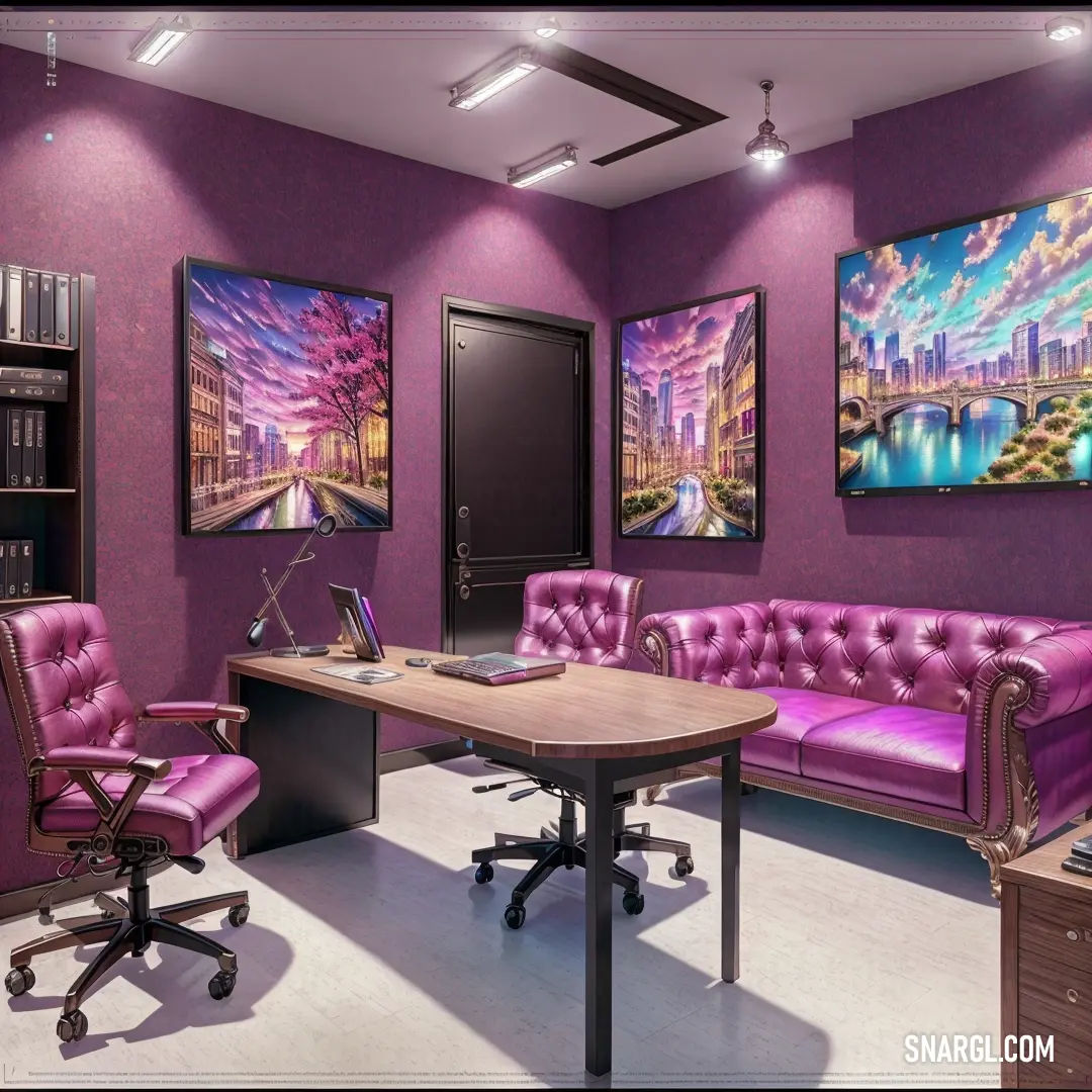 PANTONE 7657 color example: Purple room with a purple couch and a purple chair and a wooden table with a laptop on it