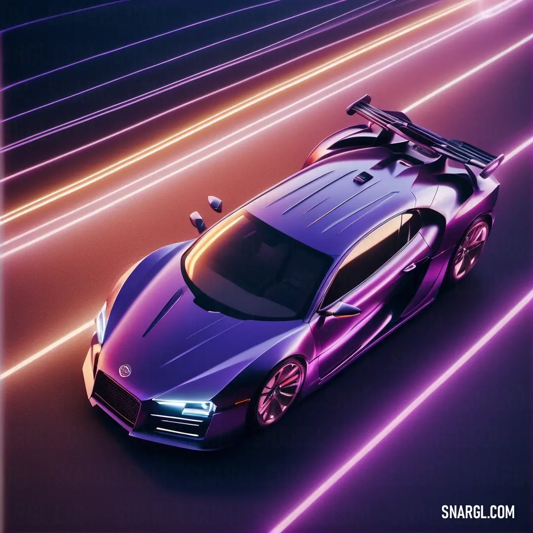PANTONE 7657 color. Purple sports car driving down a road with a purple background