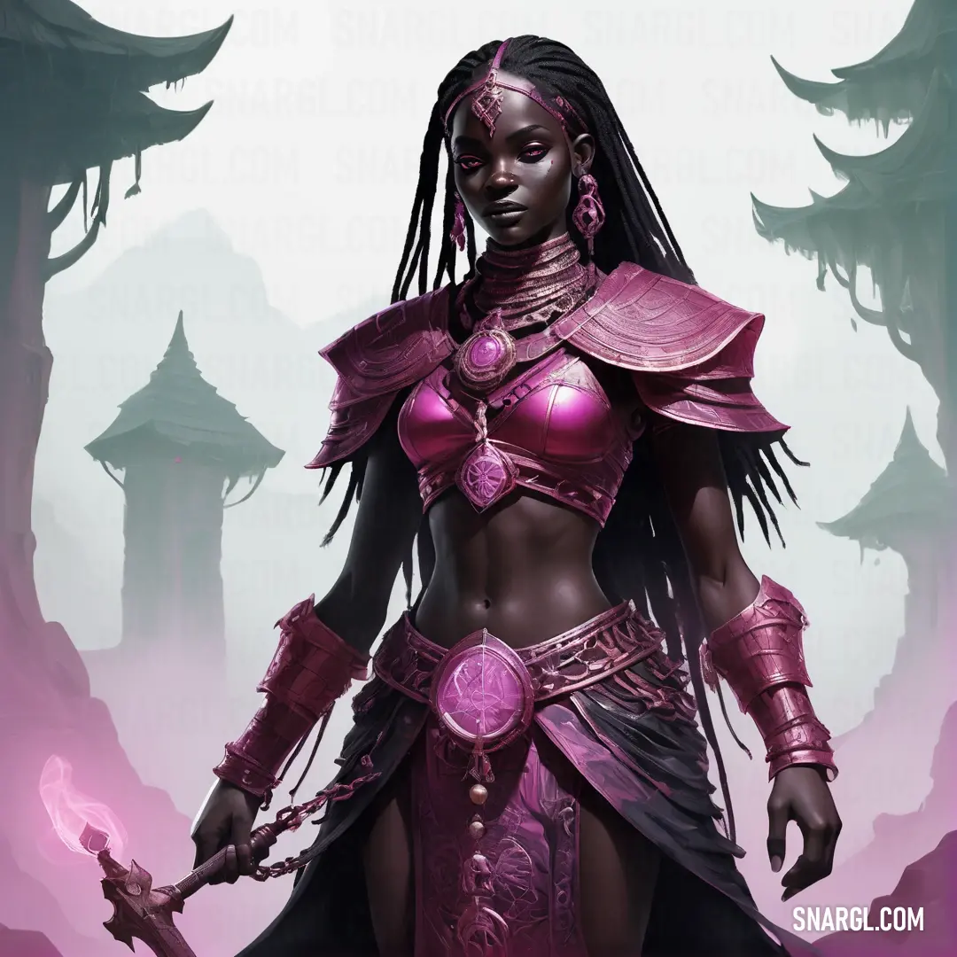 Woman in a pink outfit holding a sword and a sword in her hand,. Color #6F3463.