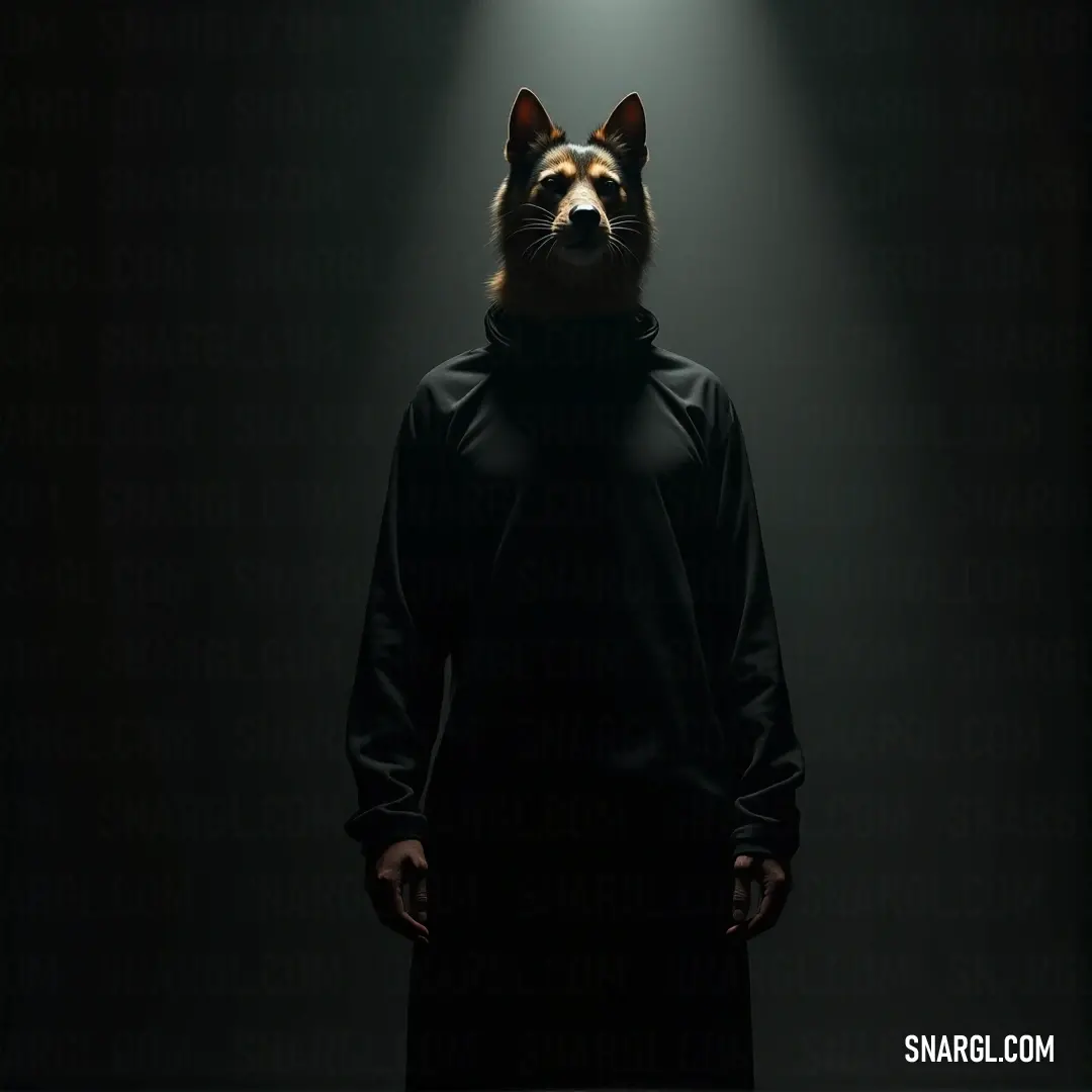 A poignant image of a dog clad in a sleek black coat, standing resolutely in the shadows, its head illuminated by a soft glow, enhancing the haunting beauty of the moment captured in the darkness.