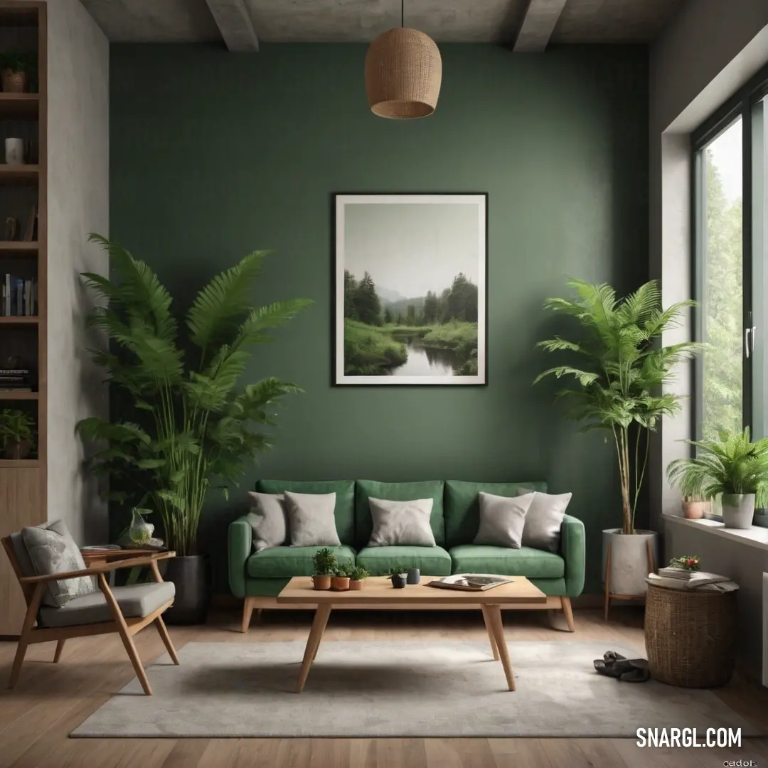 A cozy living room features a plush green couch that invites relaxation, paired with a verdant plant in the corner, all under the soft light streaming through a large window, creating a serene atmosphere.