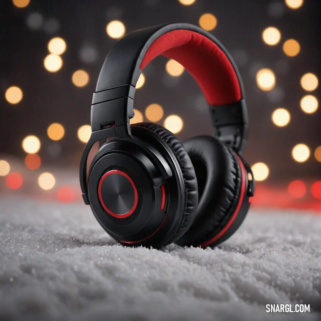 An imaginative display featuring a pair of headphones delicately placed on a carpet blanketed with snow. The backdrop is enriched with shimmering lights and a dark canvas, highlighting the PANTONE 7659 color in a mesmerizing and artistic way.