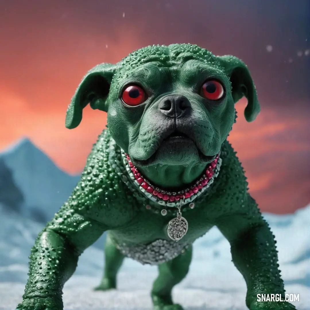 A surreal depiction of a vibrant green dog with piercing red eyes, adorned with a stylish necklace, standing majestically in a serene snowy landscape filled with textured snowdrifts.