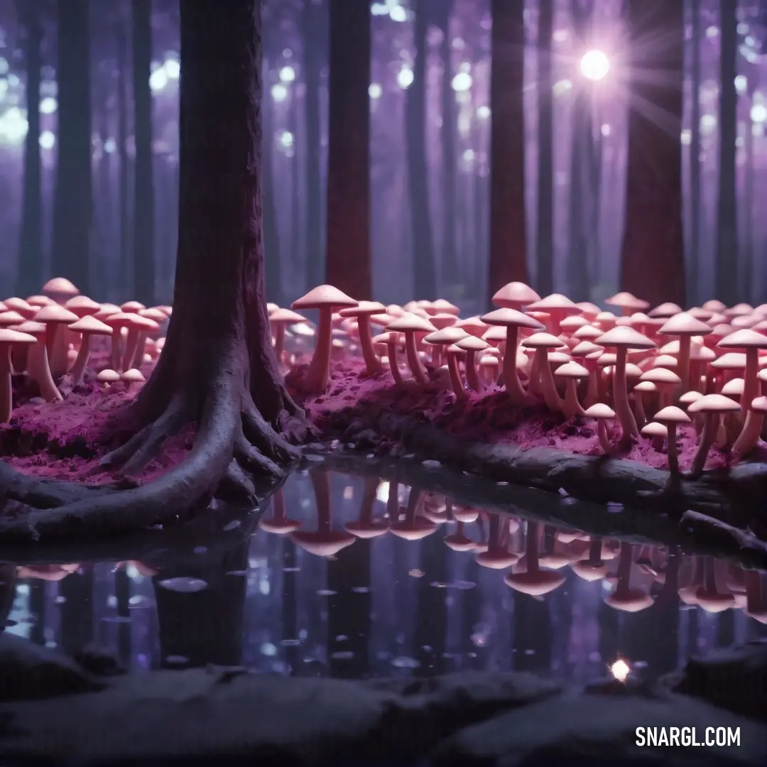Group of mushrooms in a forest with a pond in the foreground. Example of #603857 color.