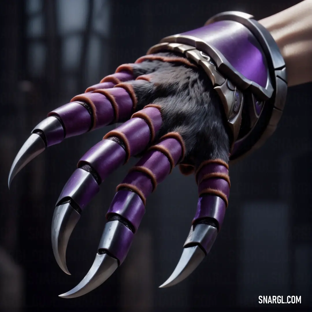 Hand with purple and black claws and a ring on it's thumb and a black and white ring on the wrist. Color #603857.