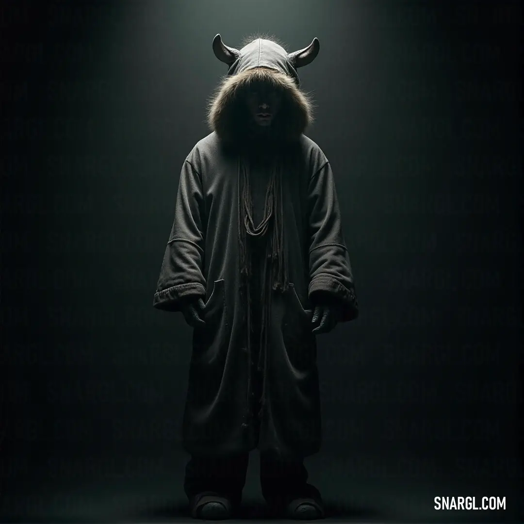 A striking vision of a man shrouded in a mysterious hooded costume with impressive horns, standing in a dimly lit room, his silhouette creating an aura of intrigue and anticipation for what lies beyond.