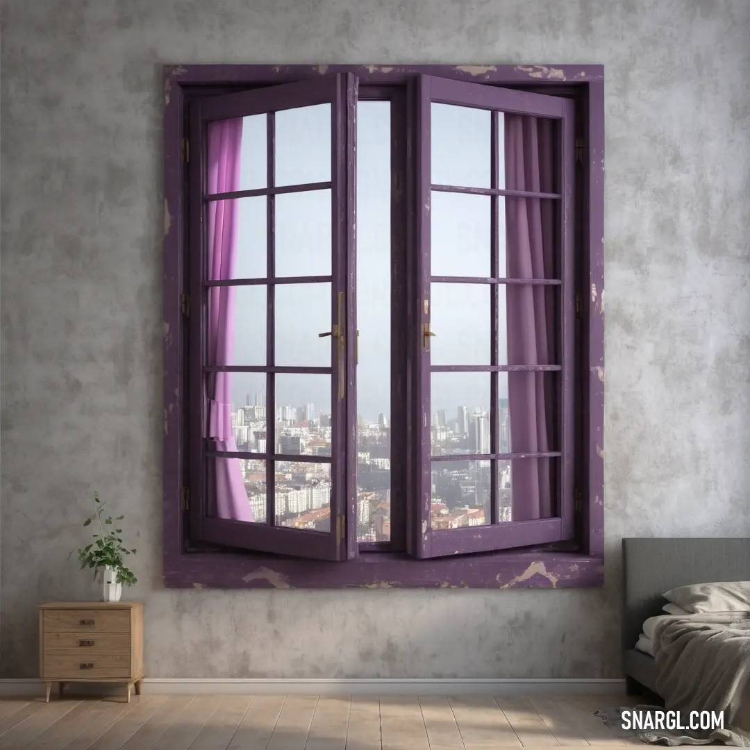 Room with a window and a view of a city outside the window. Color PANTONE 7659.