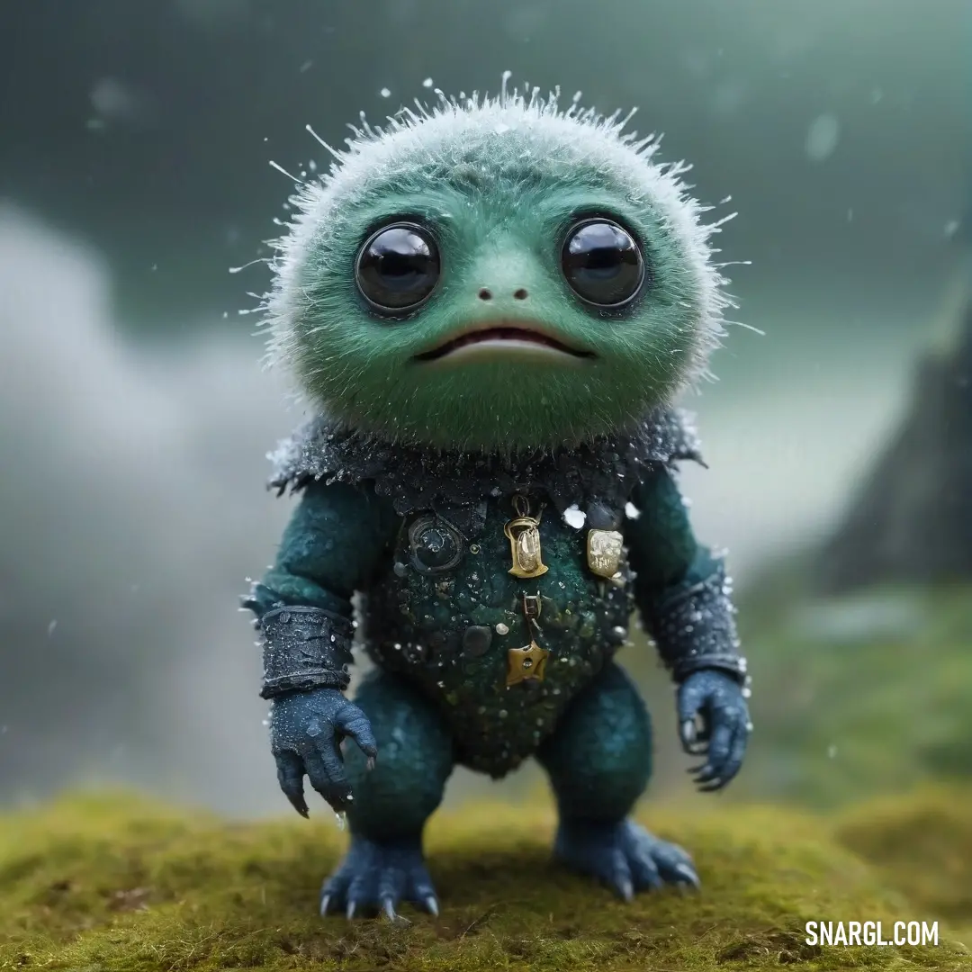 A courageous little creature in a shiny helmet and armor stands proudly on a lush mossy patch, framed by towering mountains that rise majestically in the backdrop, embodying the spirit of adventure.