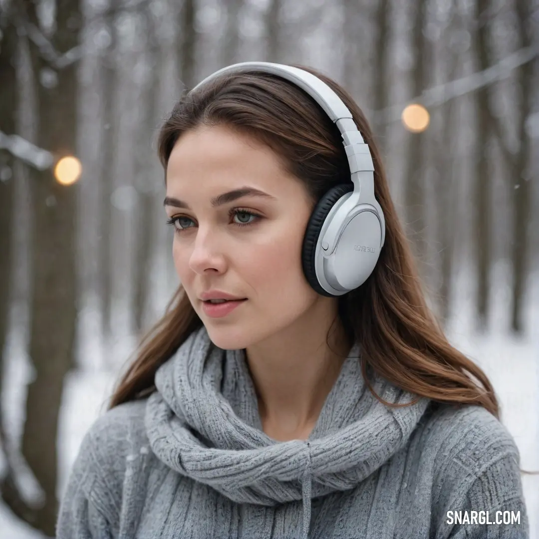 A joyful woman enjoying winter, wearing stylish headphones amidst a snowy landscape, illuminated by twinkling lights, a frosty tree standing elegantly behind her, capturing the warmth of the holiday spirit in cold weather.