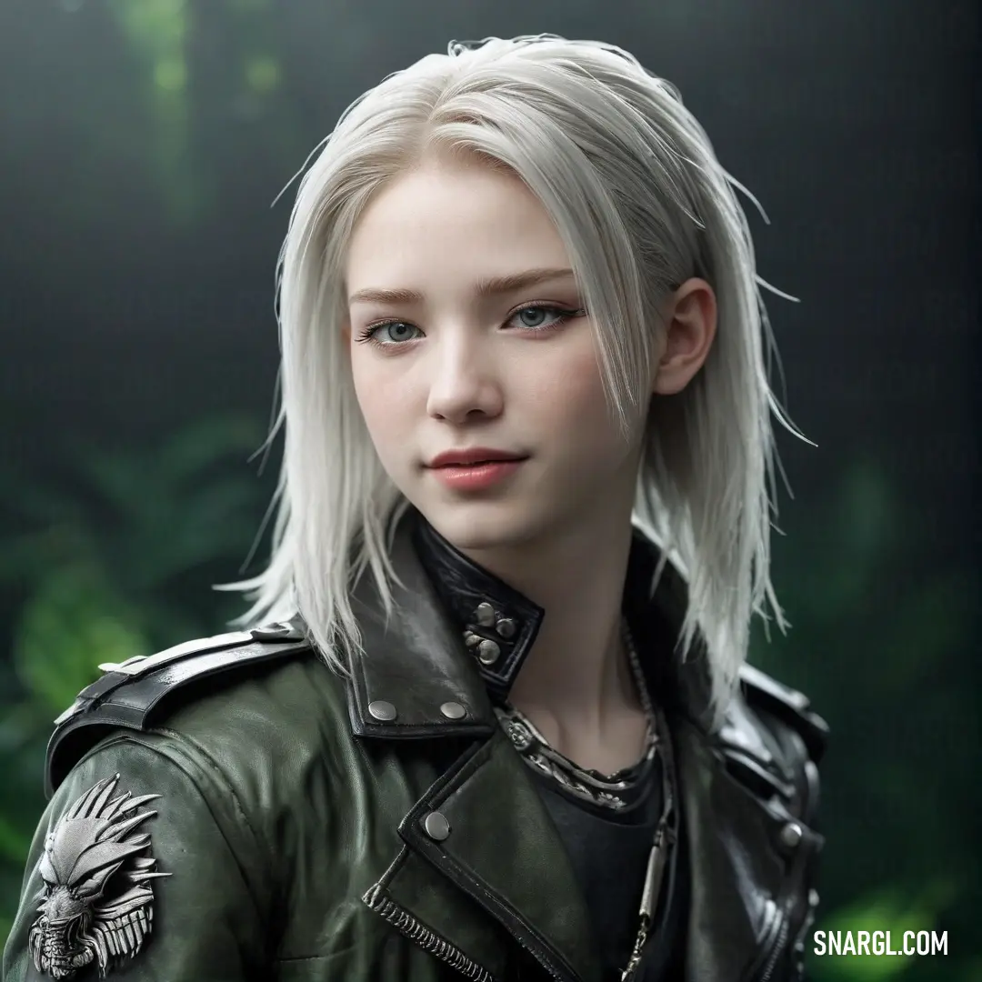 A dynamic image of a woman with blonde hair clad in a stylish leather jacket, posing amidst vibrant green leaves. The brilliance of RGB 96,56,87 is accentuated, reflecting her adventurous spirit and connection with nature.