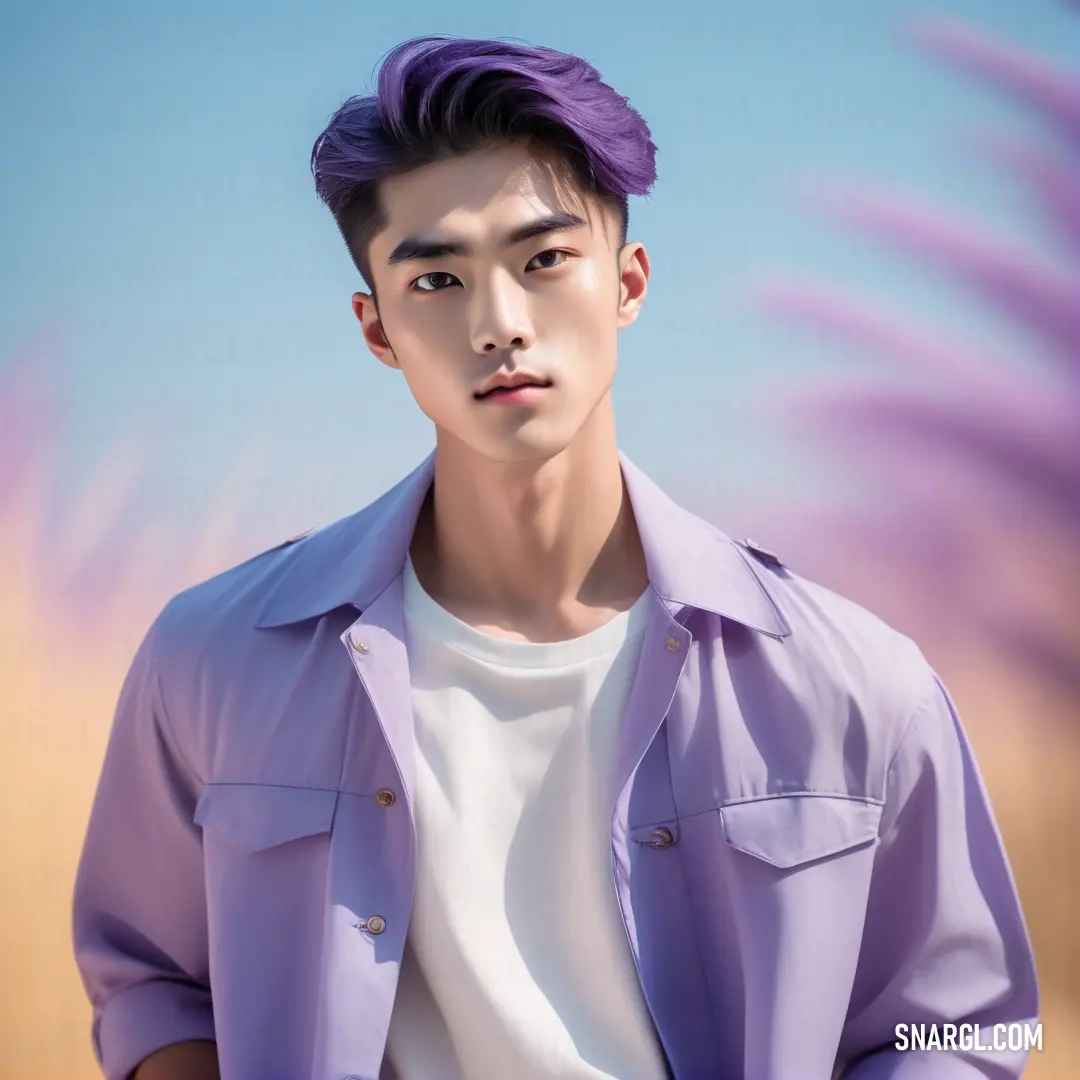 PANTONE 7660 color. Man with purple hair and a white shirt is standing in front of a palm tree and blue sky