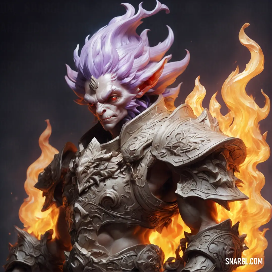 Statue of a demon with purple hair and a purple mask on fire with a sword in his hand. Example of #A39AAC color.