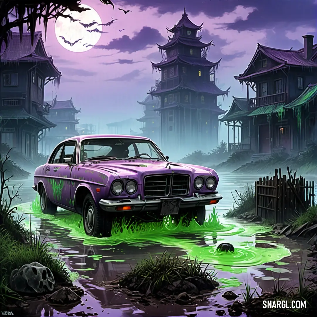 PANTONE 7661 color. Car is parked in a puddle of water in front of a creepy house with a full moon in the background