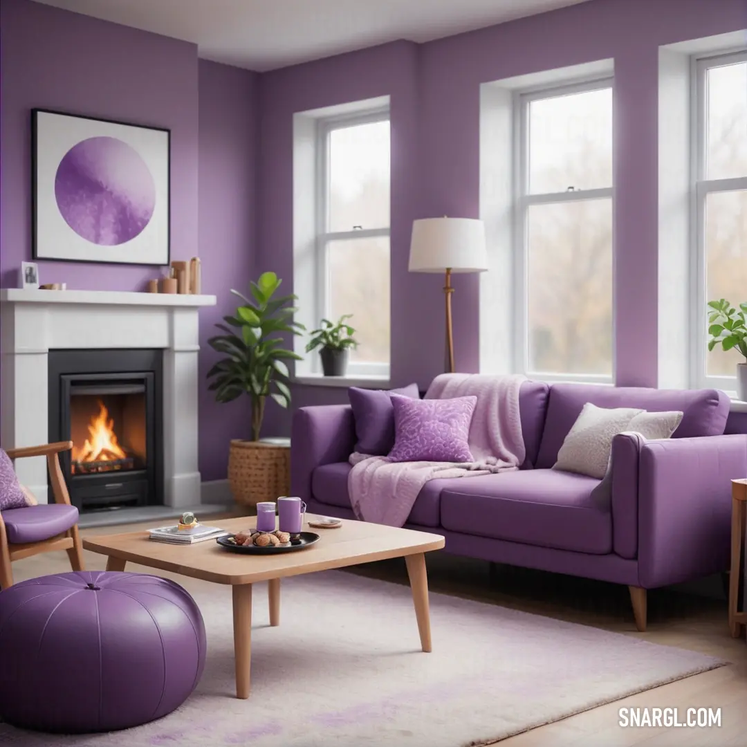 Living room with purple furniture and a fire place in the corner of the room and a painting on the wall. Color #90729B.