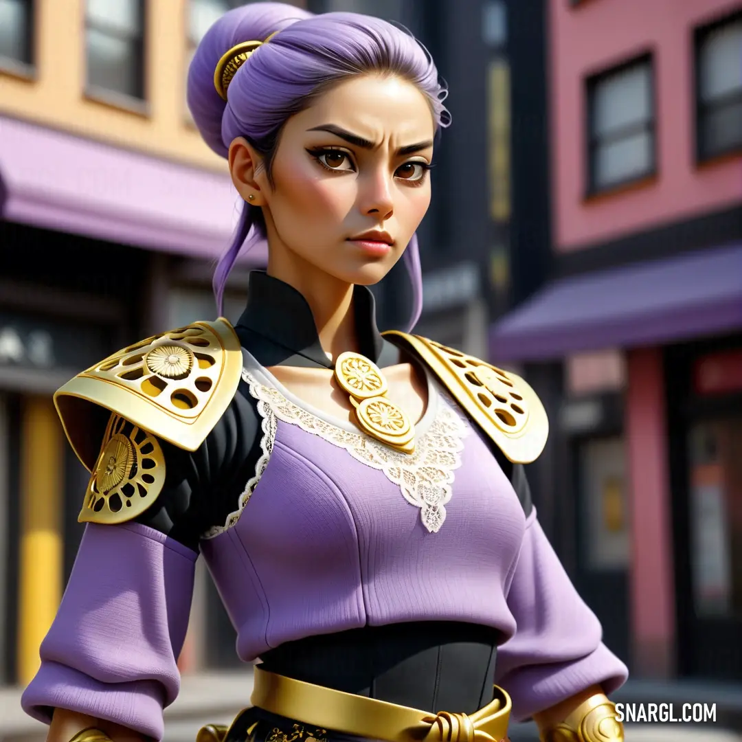 Woman in a purple outfit standing in front of a building with a purple hair and gold accents on her shoulders. Color PANTONE 7661.