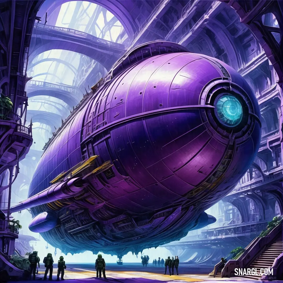 Futuristic purple ship floating in a futuristic city with people standing around it and looking at it from the ground