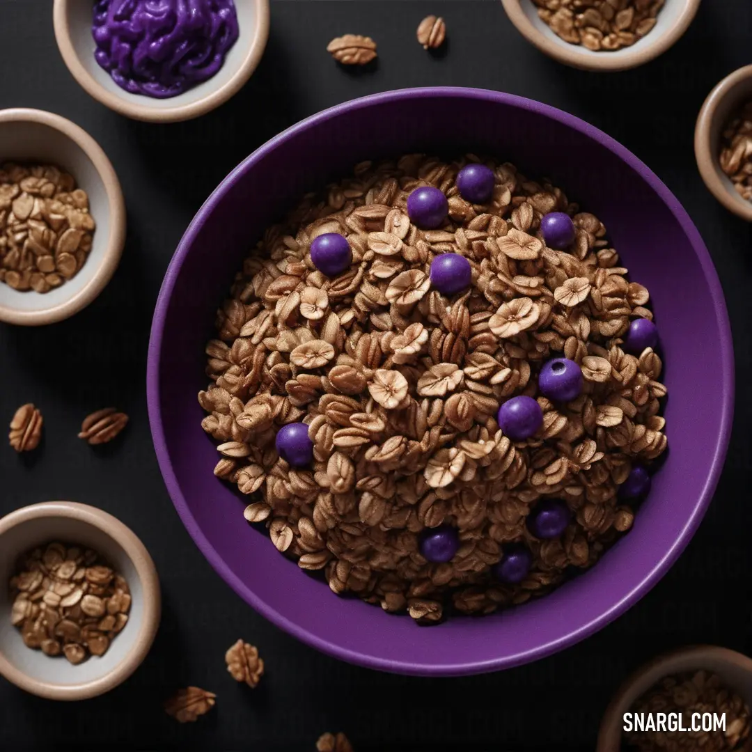 Bowl of cereal with purple candy balls in it and other bowls of cereal around it on a table. Color PANTONE 7663.