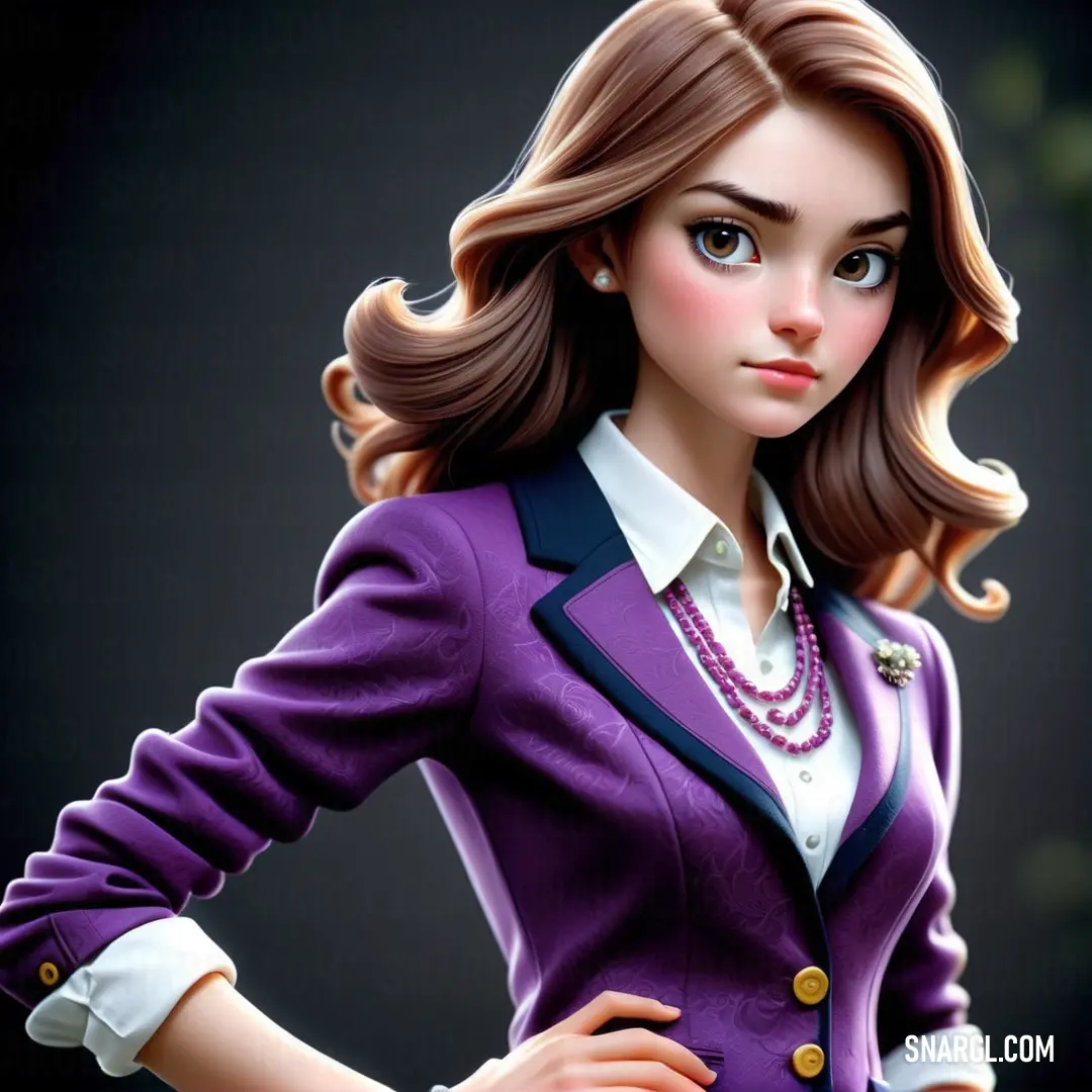 Cartoon girl in a purple suit and pearls is posing for a picture with her hands on her hips. Color RGB 108,47,125.