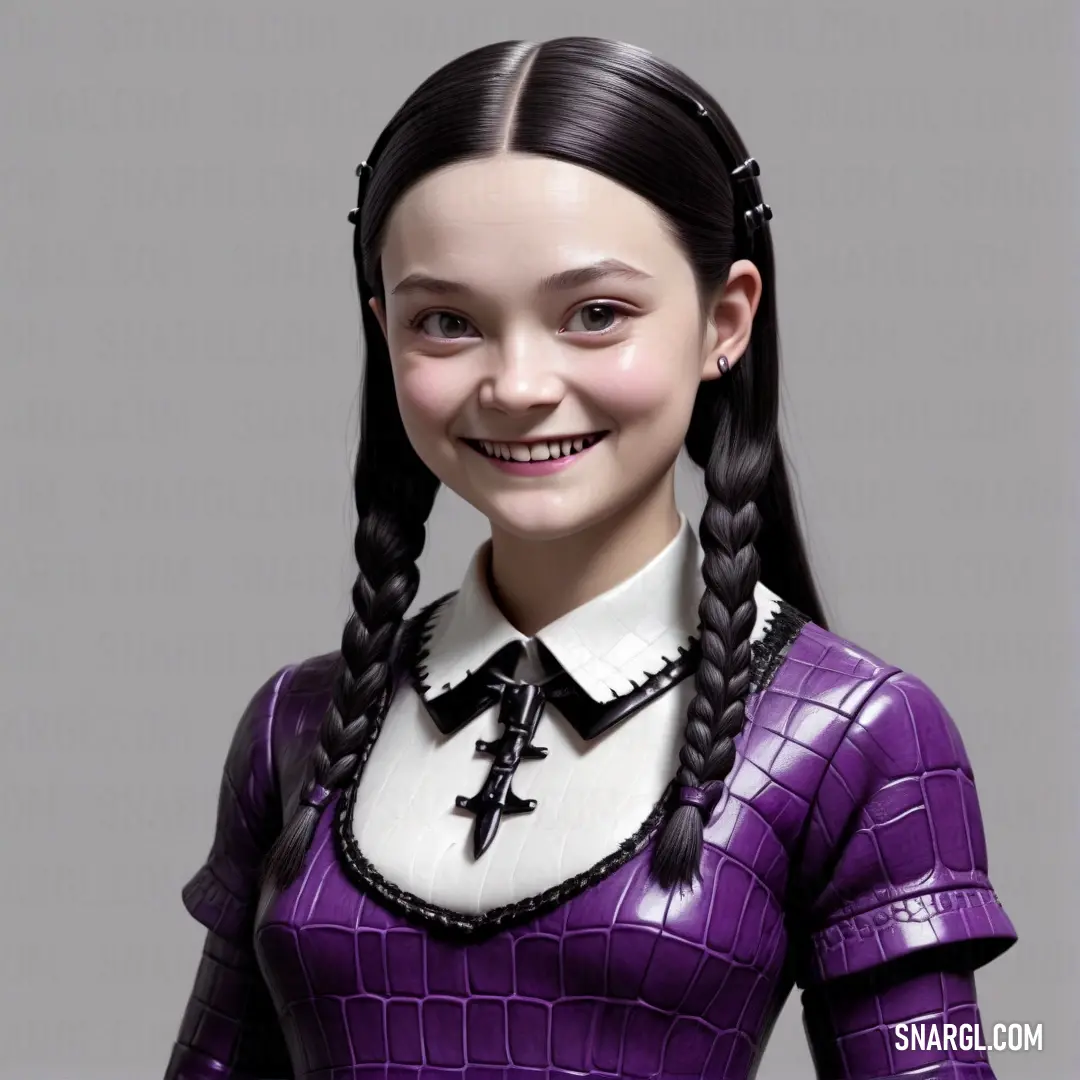 Cartoon girl with a cross on her neck and a purple dress with a black bow around her neck. Example of #6C2F7D color.