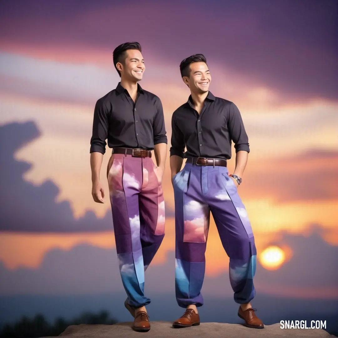 Two men standing on a rock with a sunset in the background. Example of PANTONE 7666 color.