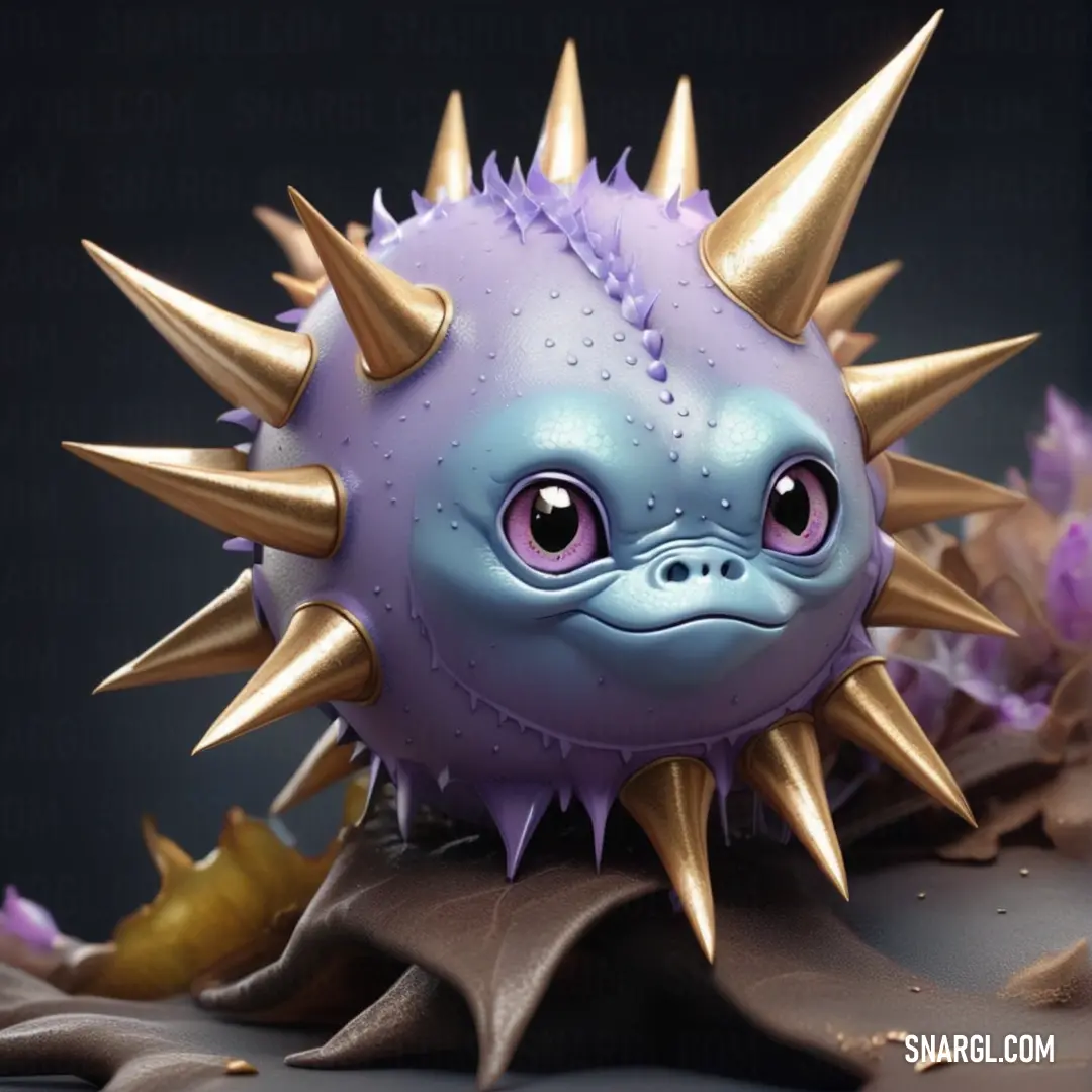 Purple and gold toy with spikes on it's head and eyes, on a pile of leaves. Color RGB 108,115,165.