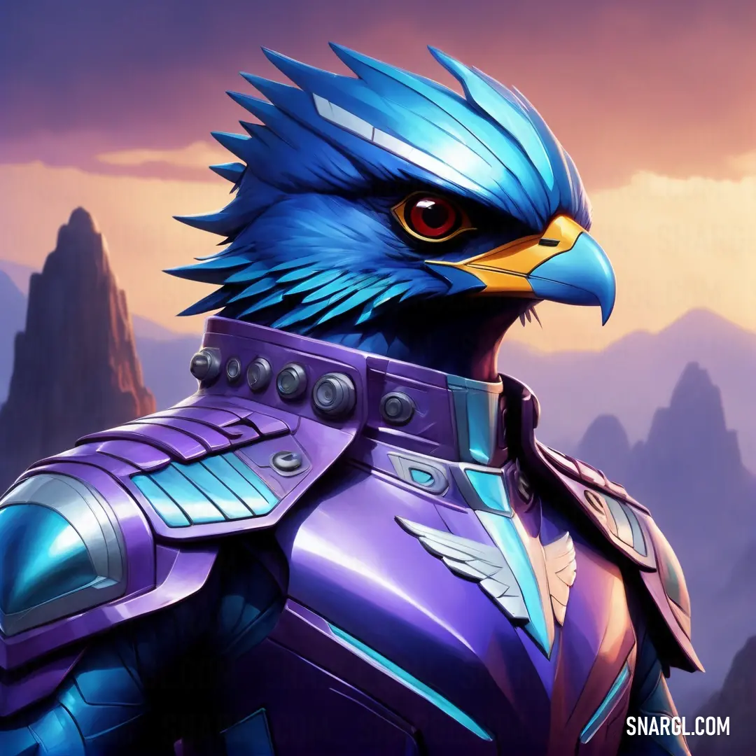PANTONE 7670 color example: Bird with a blue and purple outfit on it's head and a mountain in the background