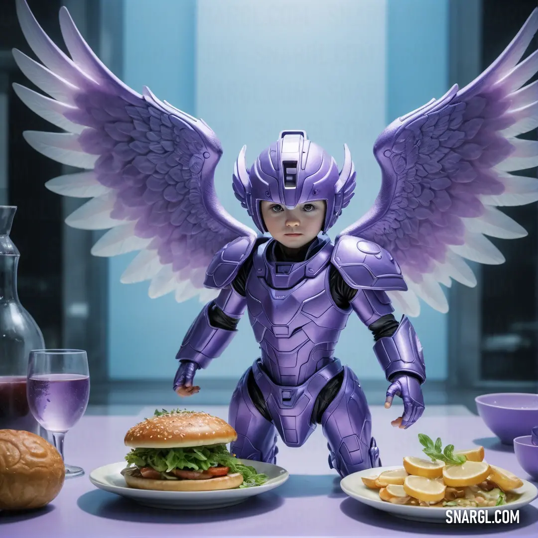 Toy of a girl with wings standing next to a plate of food and a burger on a table. Example of #59599E color.