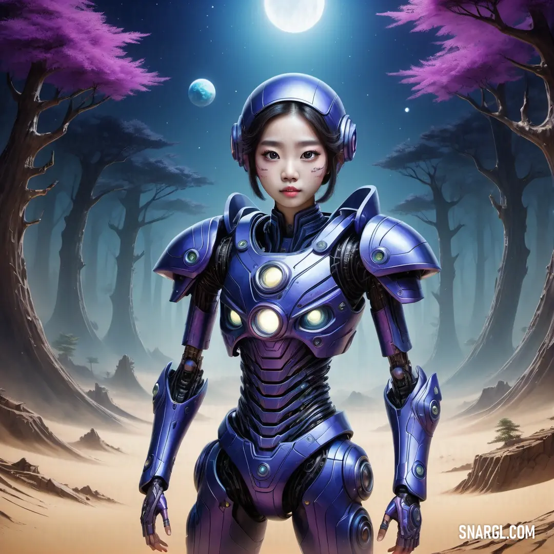 Woman in a futuristic suit standing in a forest at night with a full moon in the background. Example of CMYK 80,74,0,0 color.