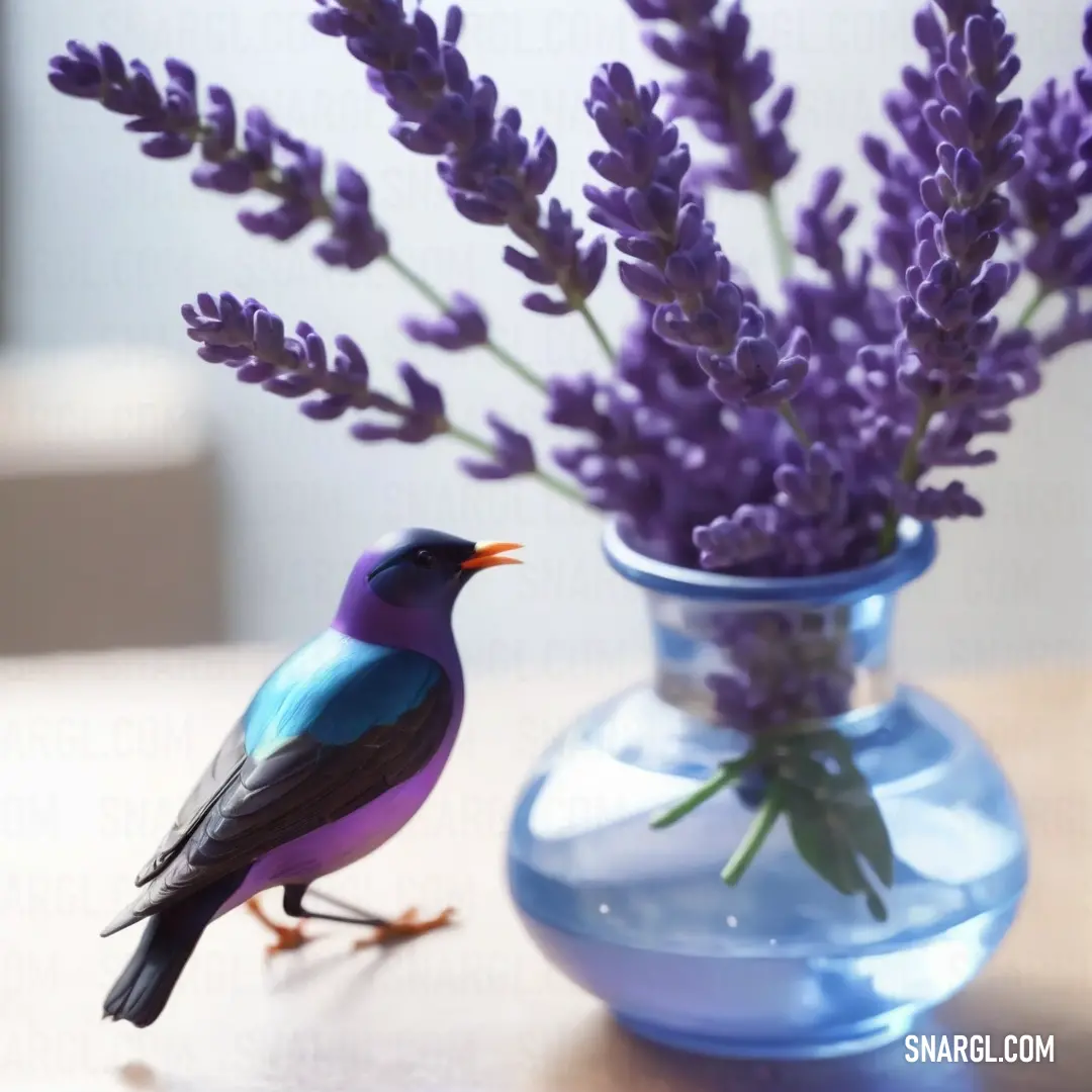 A curious bird stands near a lovely vase brimming with lavender flowers on a table. The atmospheric light highlights the stunning colors and textures, creating an inviting scene that evokes the beauty of nature in everyday life.