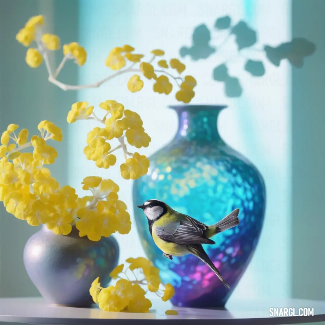 A charming scene of a bird perched on a table next to two vases filled with vibrant flowers, with an eye-catching blue vase standing out in the background. This delightful arrangement creates a lively and cheerful atmosphere, reminiscent of springtime joy