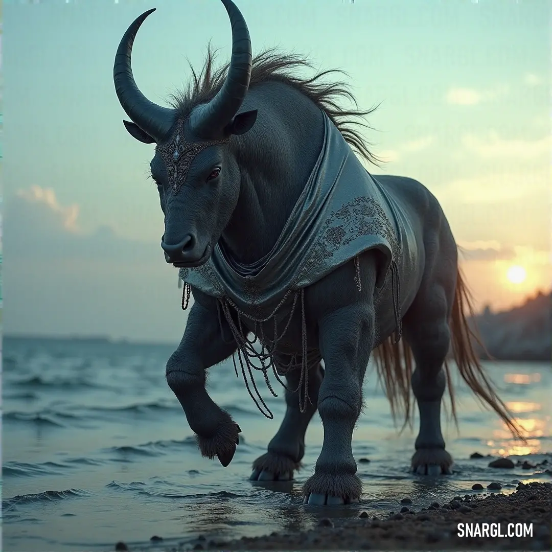 A captivating bull with majestic horns and a stylish scarf stands confidently in calm waters during twilight, the colors of sunset casting a serene glow around him. The #4D468C color saturates the scene, adding to the magical ambiance of the moment.