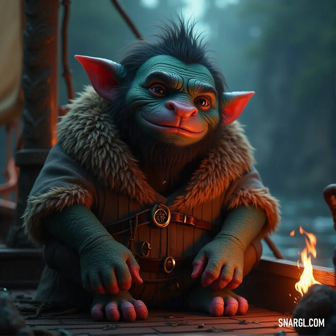 A quirky cartoon character is seen sitting on a small boat, next to a lively fire pit. His bizarre, demon-like face and fur coat enliven the scene, contrasting playfully with the deep blue background represented by the #4D468C color, evoking a sense of ad