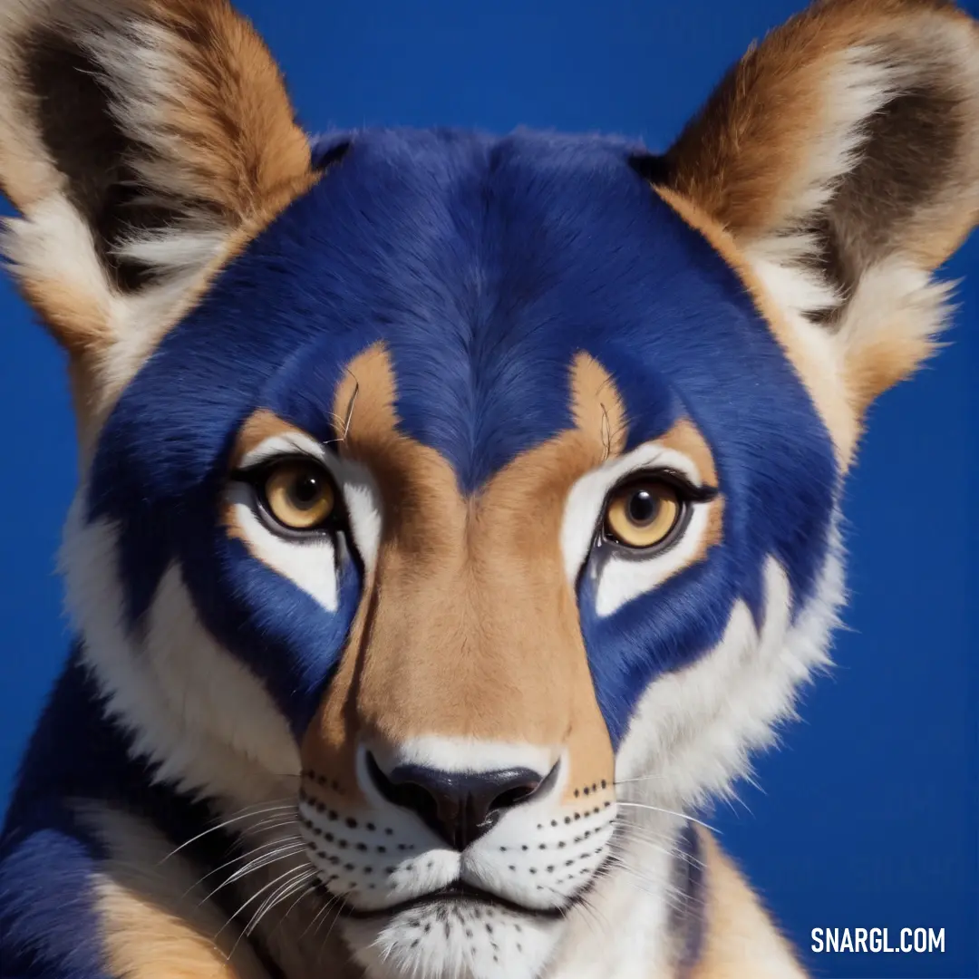 A striking close-up of a blue tiger's face, its enchanting yellow eyes radiating power and intensity, complemented by the striking contrast of its white whiskers and nose, making for a captivating fusion of color and grace.