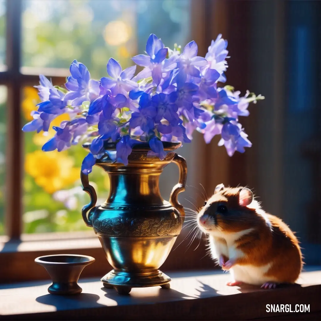 A playful hamster peeks next to a charming vase filled with striking purple flowers, alongside a small delicate cup. This delightful tableau is a celebration of color and texture, evoking joy and curiosity in a whimsical environment.