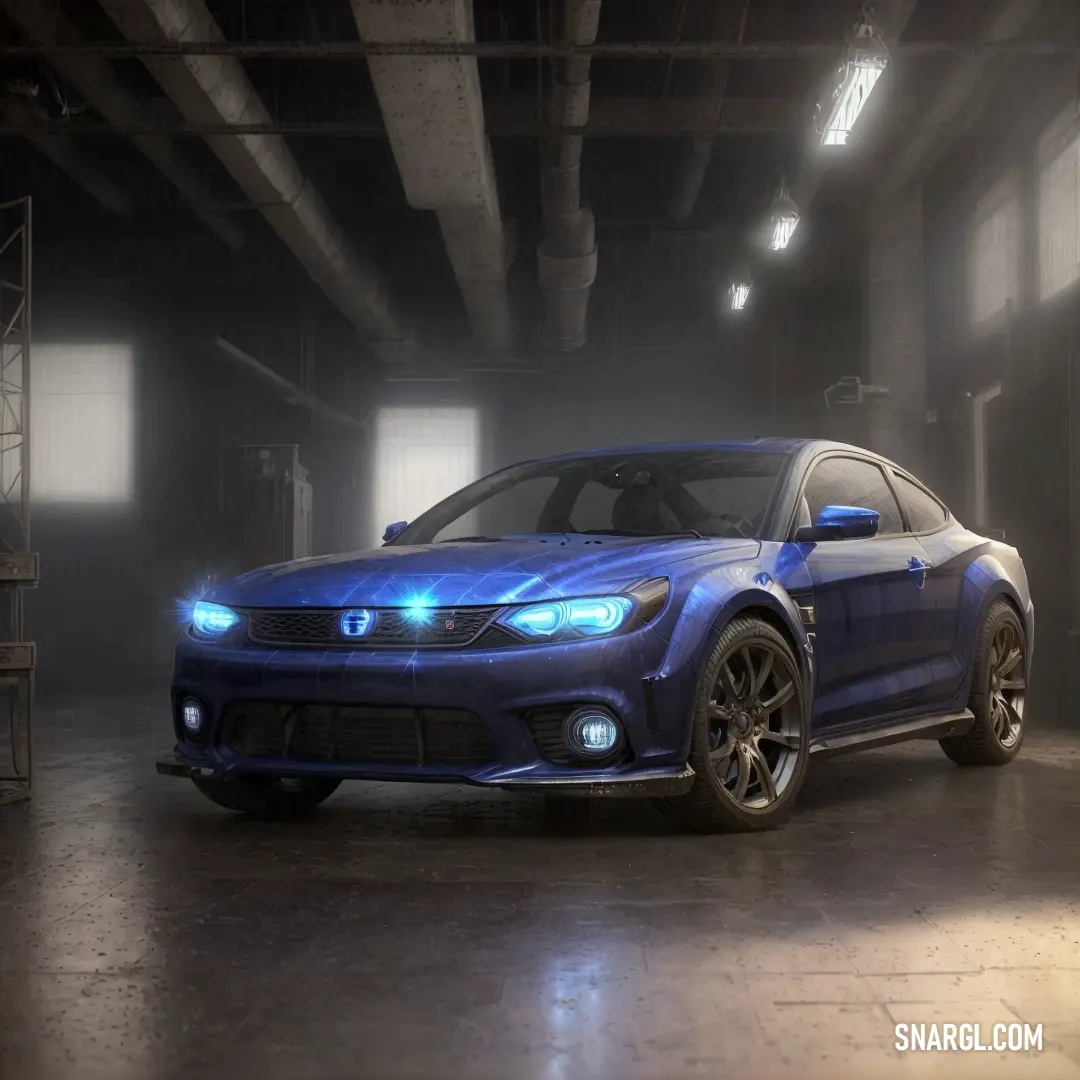 A sleek blue car sits elegantly in a softly lit garage, showcasing its vibrant exterior under the gentle illumination of the overhead lights. The gleaming headlights cast a warm glow, making this garage a stylish home for this automotive beauty.