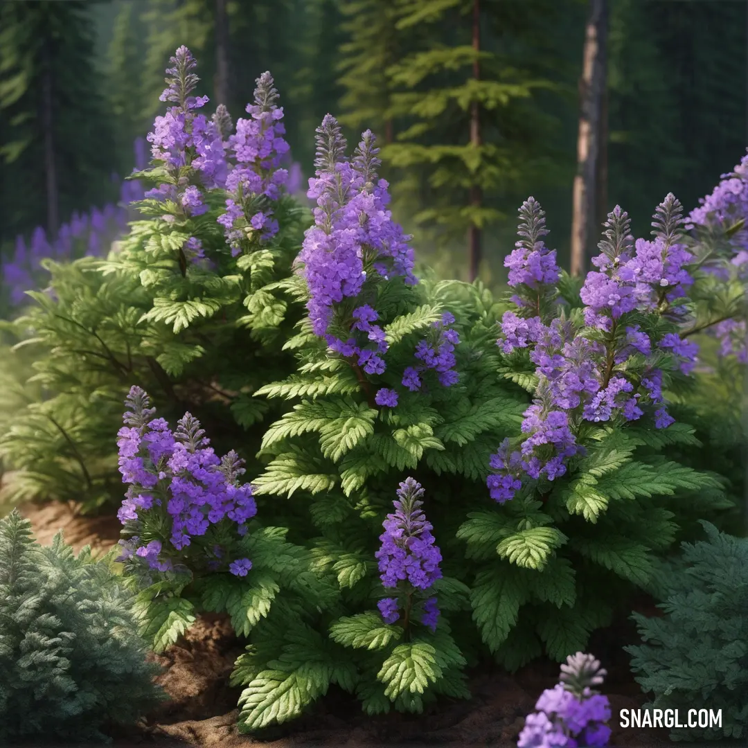 A vibrant bush of purple flowers gracefully thrives amidst towering pine trees in a serene forest setting. The natural colors create a breathtaking contrast, inviting one to immerse in the tranquil beauty of the woodland.