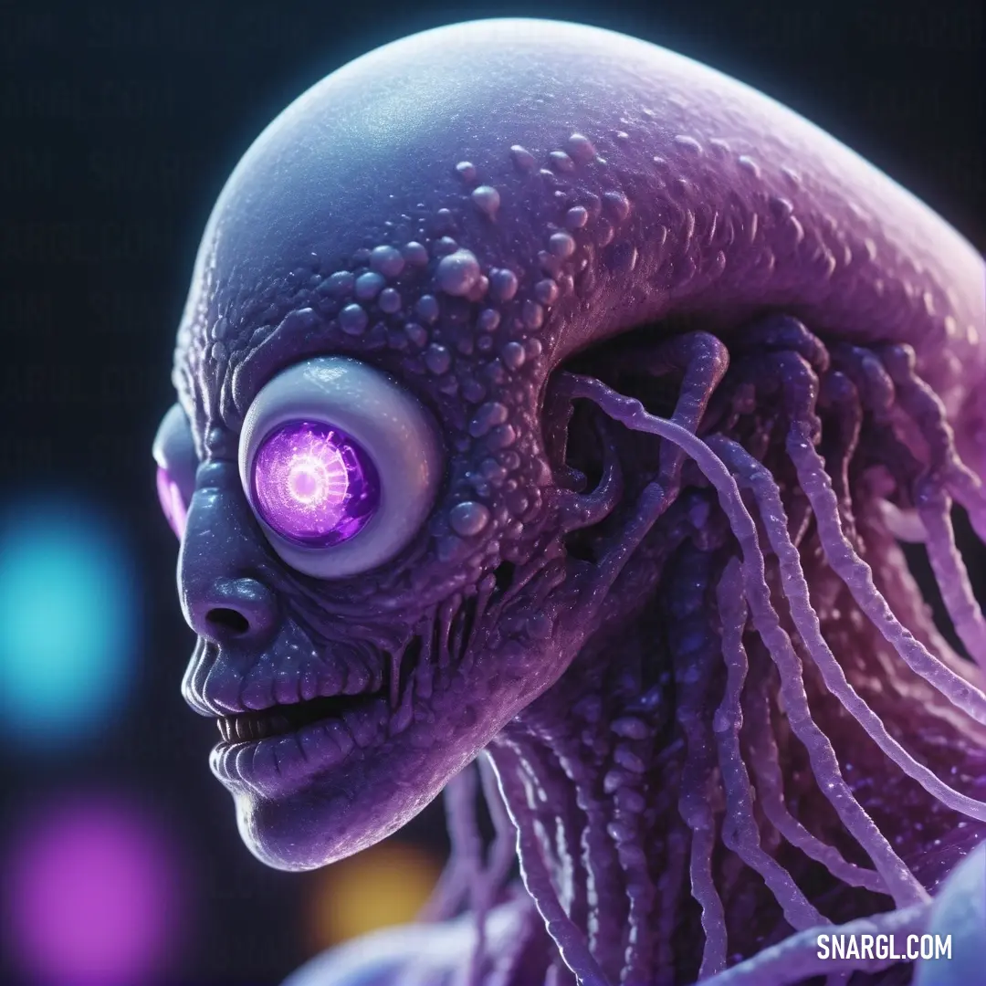 A close-up of a purple alien reveals intricate features, with its eyes glowing gently and a cascade of purple hair adorning its head. This striking image captures the alien's unique beauty, evoking a blend of fascination and wonder.