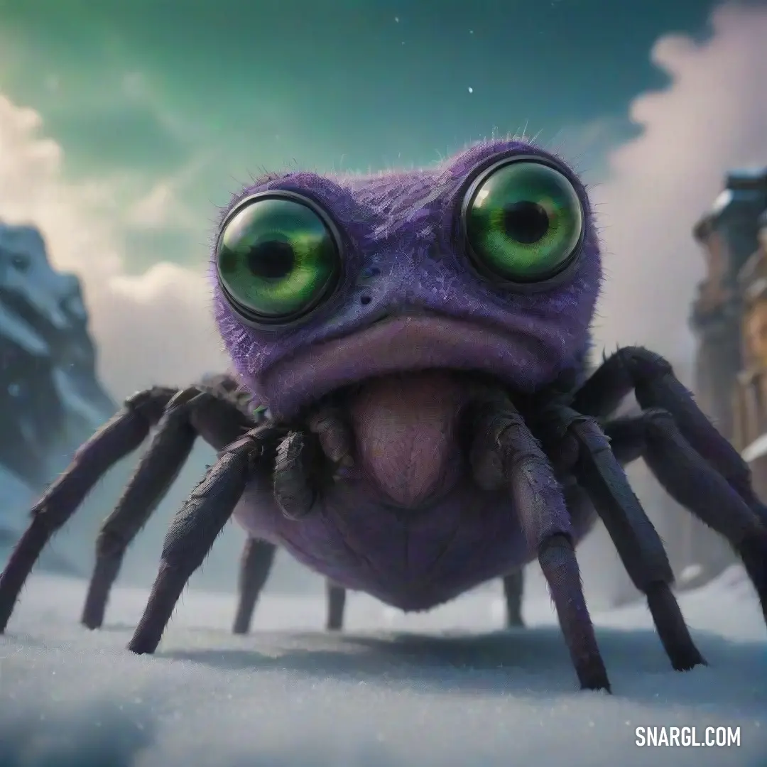 A large purple spider with expressive big eyes sits menacingly amidst a pristine snowy backdrop, creating an eerie yet fascinating scene. The vibrancy of PANTONE 7672 colors against the white snow enhances the spider's eerie grace and draws our attention 