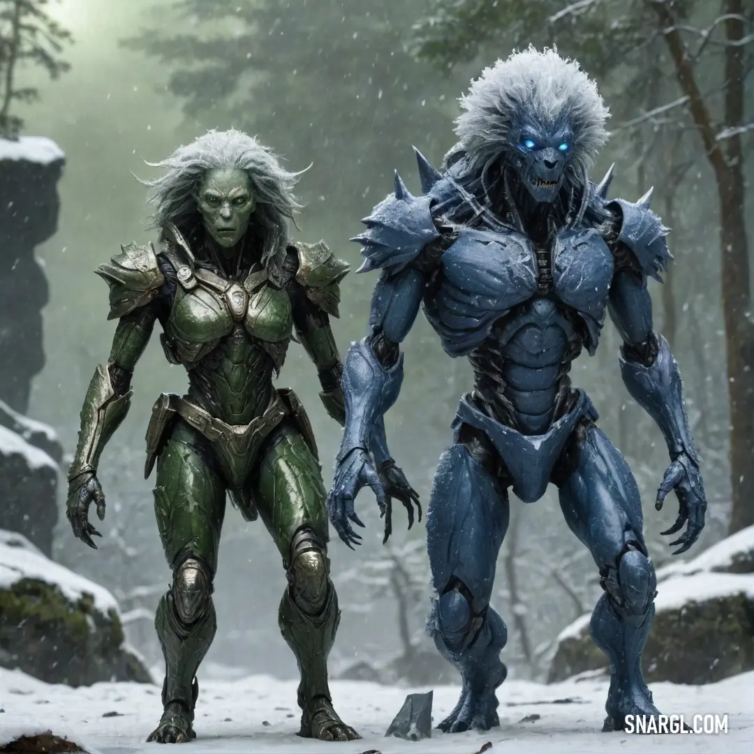 Two curious alien-like beings stand together in a wintry scene, their vibrant forms contrasting with the snow beneath them. Framed by ancient trees and rugged rocks, they embody the mystery of an otherworldly realm.