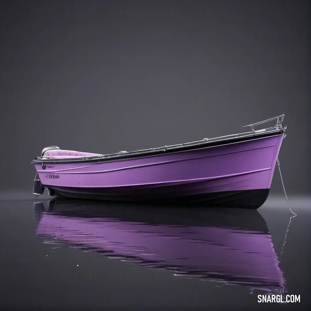 A beautiful purple boat glistens on a reflective surface against a deep black backdrop, creating an alluring interplay of light and shadows that highlights its elegant contours and smooth finish.